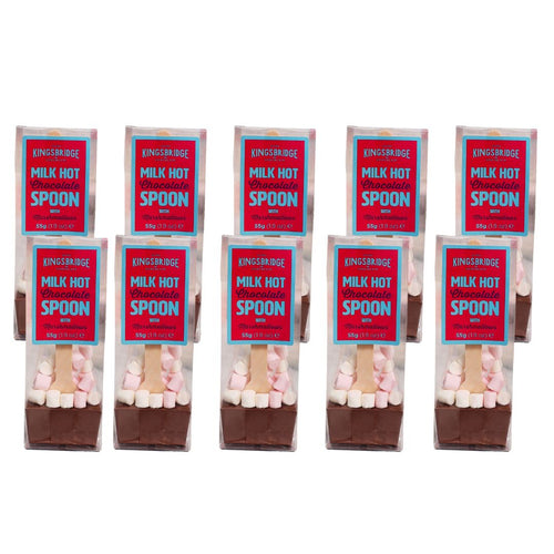 A pack of ten marshmallow milk hot chocolate spoons, each with a wooden spoon topped with a marshmallow, packaged in clear individual boxes with red and blue labeling.